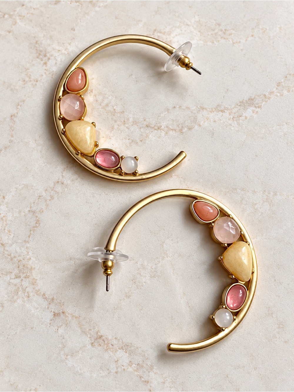 2” Brushed Gold Tone Organic Gemstone Cabochon Hoop Earrings
